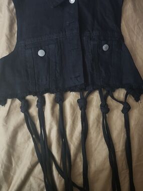 Thrill Black Cropped Fringe Tie-Front Vest